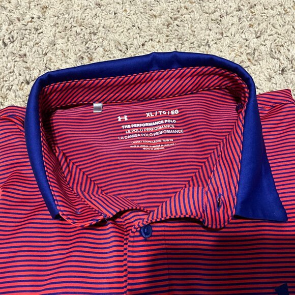 Under Armour Mens XL  TG Red & Blue Striped Polo Shirt With Moisture-Wicking - Picture 12 of 15